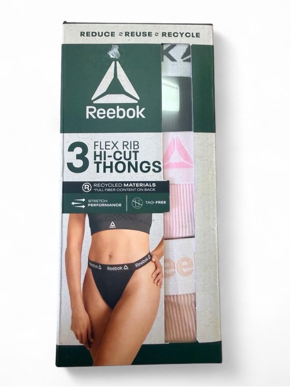 Reebok Women’s 3-Pack Flex Rib Hi-Cut Thongs - Black, Pink, Beige